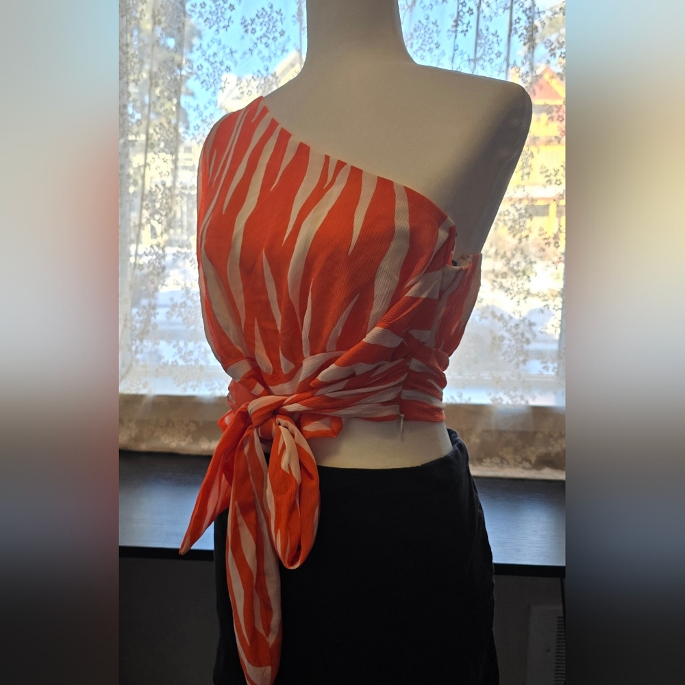 H&M Orange & White Zebra-print One-shoulder Crop Top W/ Ties at the Wait XL